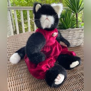 Plush Black and White Cat Toy with burgundy romper